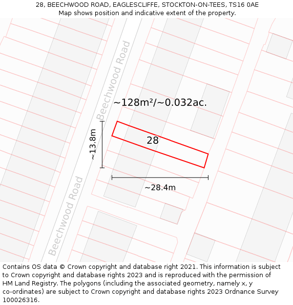 28, BEECHWOOD ROAD, EAGLESCLIFFE, STOCKTON-ON-TEES, TS16 0AE: Plot and title map