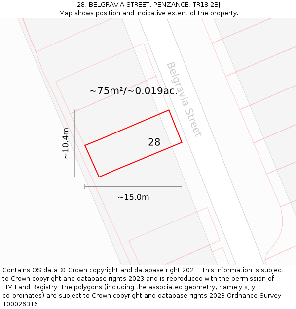 28, BELGRAVIA STREET, PENZANCE, TR18 2BJ: Plot and title map