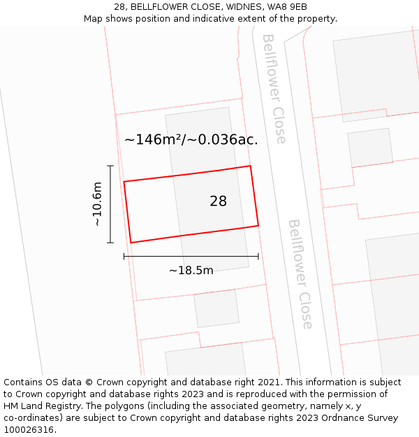 28, BELLFLOWER CLOSE, WIDNES, WA8 9EB: Plot and title map