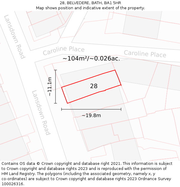 28, BELVEDERE, BATH, BA1 5HR: Plot and title map