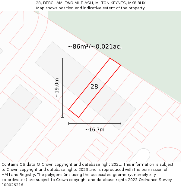 28, BERCHAM, TWO MILE ASH, MILTON KEYNES, MK8 8HX: Plot and title map