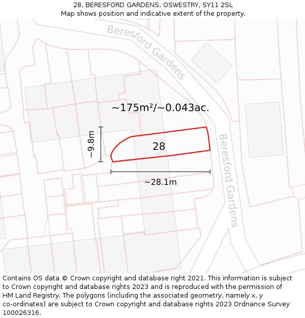 28, BERESFORD GARDENS, OSWESTRY, SY11 2SL: Plot and title map