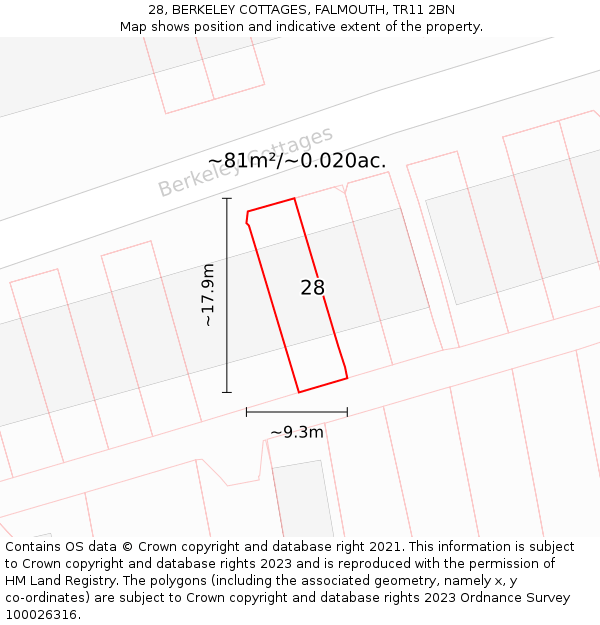 28, BERKELEY COTTAGES, FALMOUTH, TR11 2BN: Plot and title map