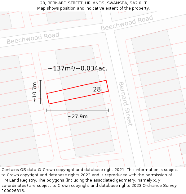 28, BERNARD STREET, UPLANDS, SWANSEA, SA2 0HT: Plot and title map