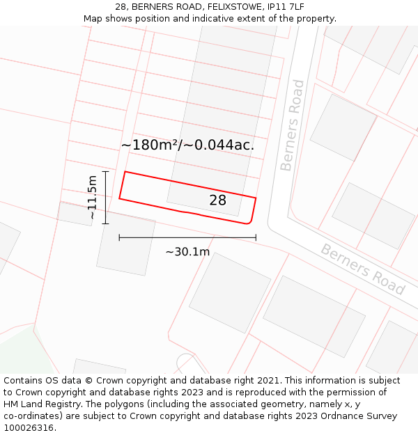 28, BERNERS ROAD, FELIXSTOWE, IP11 7LF: Plot and title map