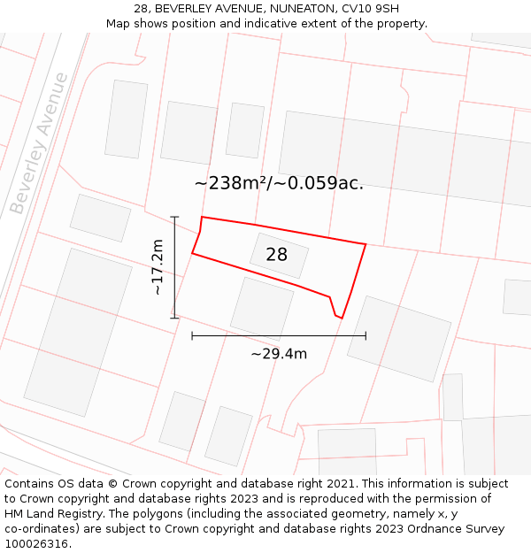 28, BEVERLEY AVENUE, NUNEATON, CV10 9SH: Plot and title map