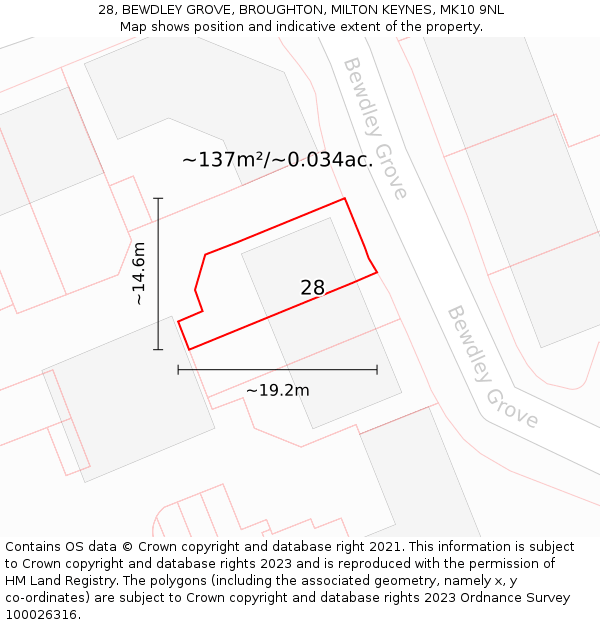 28, BEWDLEY GROVE, BROUGHTON, MILTON KEYNES, MK10 9NL: Plot and title map