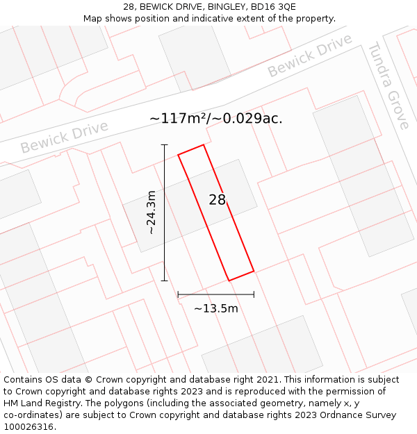 28, BEWICK DRIVE, BINGLEY, BD16 3QE: Plot and title map