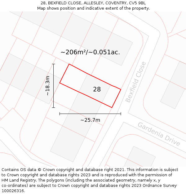 28, BEXFIELD CLOSE, ALLESLEY, COVENTRY, CV5 9BL: Plot and title map