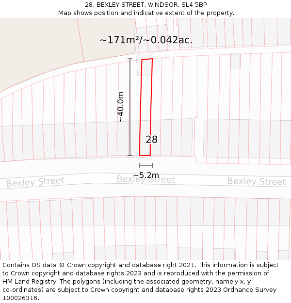28, BEXLEY STREET, WINDSOR, SL4 5BP: Plot and title map