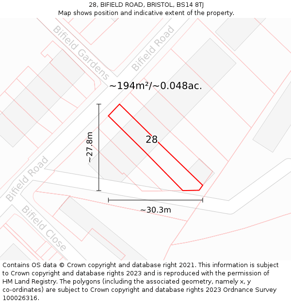28, BIFIELD ROAD, BRISTOL, BS14 8TJ: Plot and title map