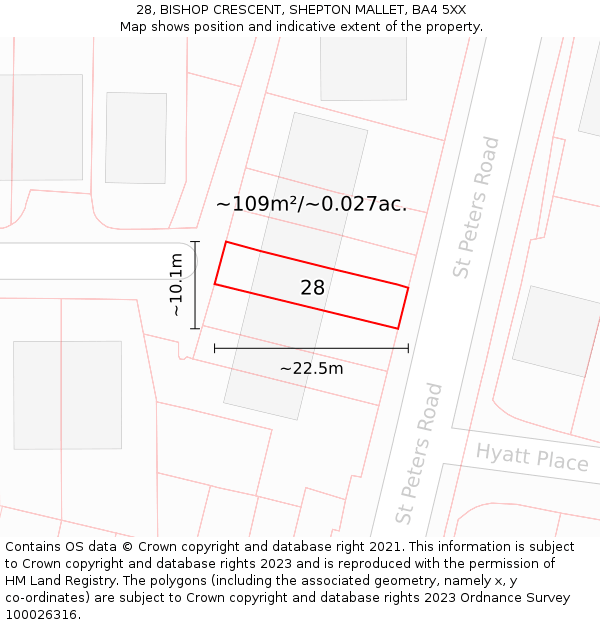 28, BISHOP CRESCENT, SHEPTON MALLET, BA4 5XX: Plot and title map