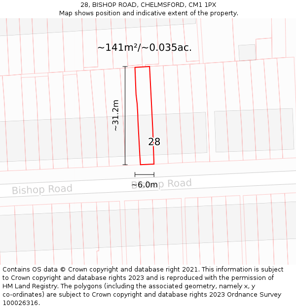 28, BISHOP ROAD, CHELMSFORD, CM1 1PX: Plot and title map