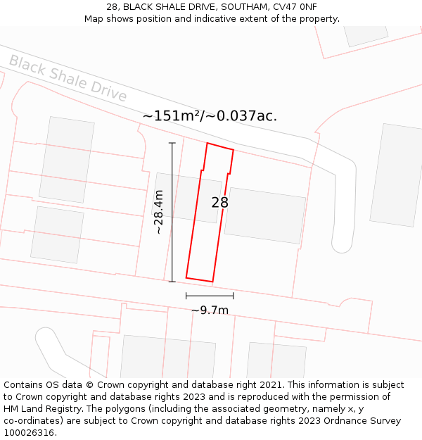 28, BLACK SHALE DRIVE, SOUTHAM, CV47 0NF: Plot and title map