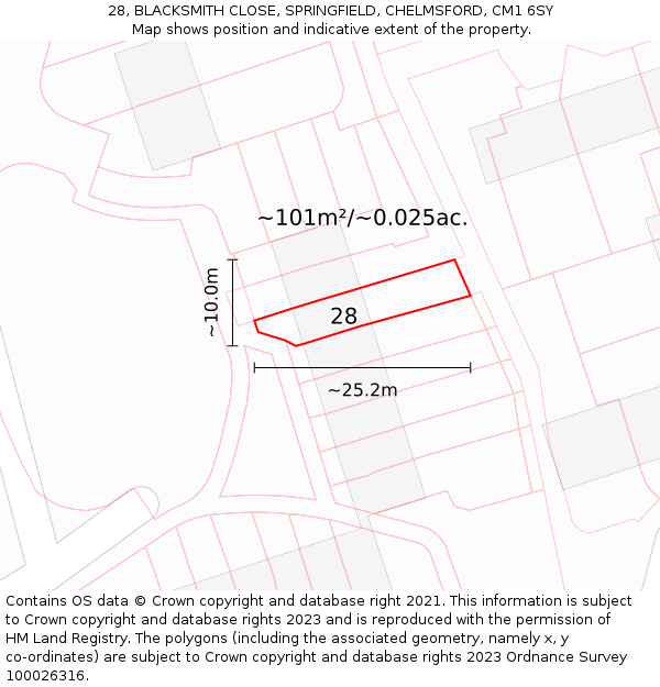 28, BLACKSMITH CLOSE, SPRINGFIELD, CHELMSFORD, CM1 6SY: Plot and title map