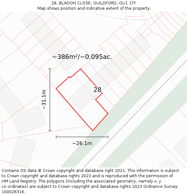 28, BLADON CLOSE, GUILDFORD, GU1 1TY: Plot and title map
