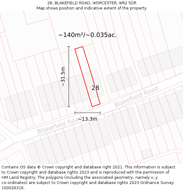 28, BLAKEFIELD ROAD, WORCESTER, WR2 5DR: Plot and title map
