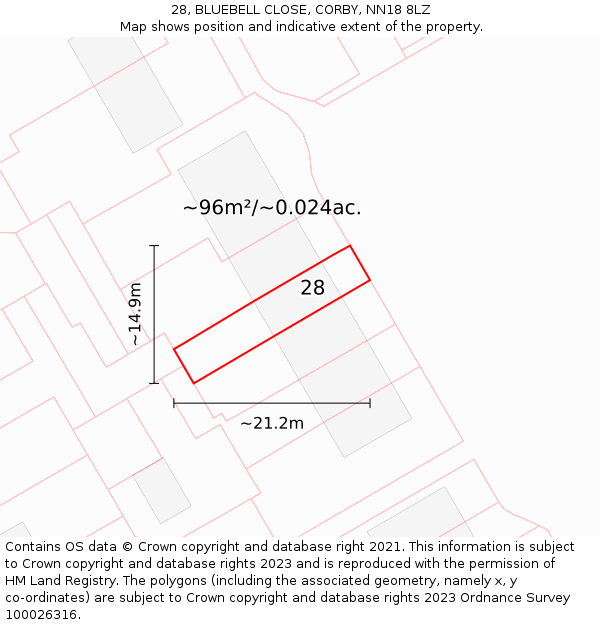 28, BLUEBELL CLOSE, CORBY, NN18 8LZ: Plot and title map