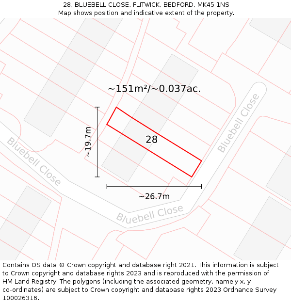 28, BLUEBELL CLOSE, FLITWICK, BEDFORD, MK45 1NS: Plot and title map