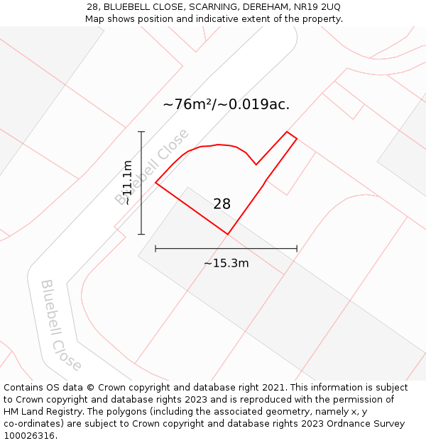 28, BLUEBELL CLOSE, SCARNING, DEREHAM, NR19 2UQ: Plot and title map