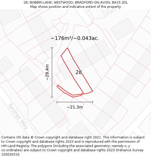 28, BOBBIN LANE, WESTWOOD, BRADFORD-ON-AVON, BA15 2DL: Plot and title map