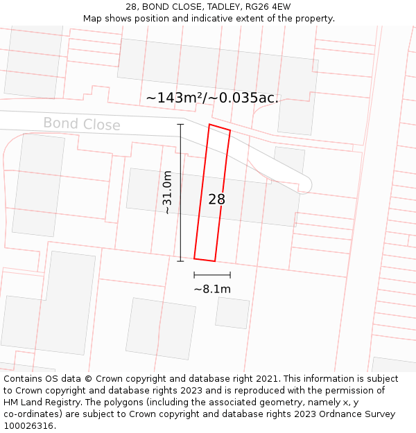 28, BOND CLOSE, TADLEY, RG26 4EW: Plot and title map