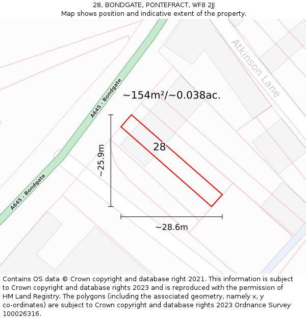28, BONDGATE, PONTEFRACT, WF8 2JJ: Plot and title map