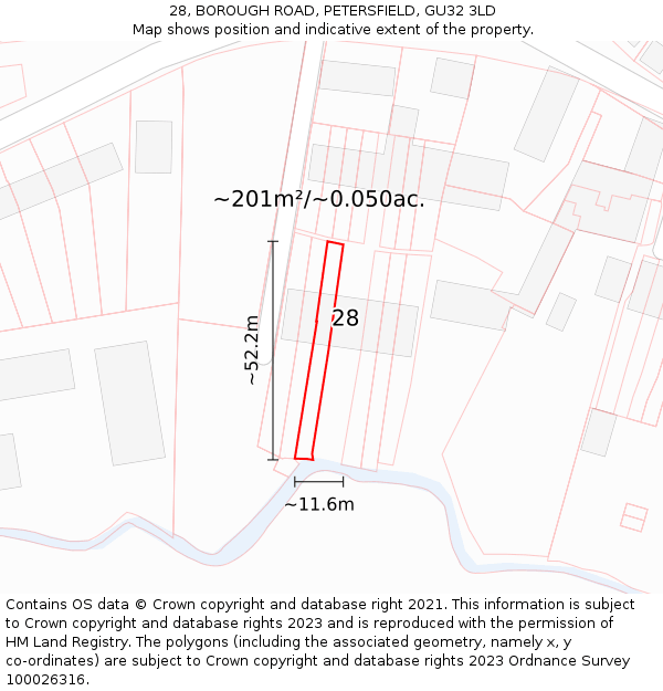 28, BOROUGH ROAD, PETERSFIELD, GU32 3LD: Plot and title map
