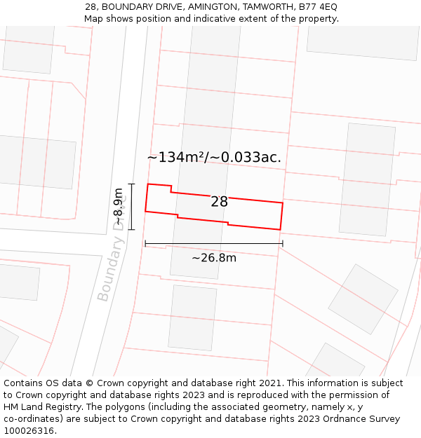 28, BOUNDARY DRIVE, AMINGTON, TAMWORTH, B77 4EQ: Plot and title map