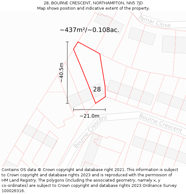 28, BOURNE CRESCENT, NORTHAMPTON, NN5 7JD: Plot and title map
