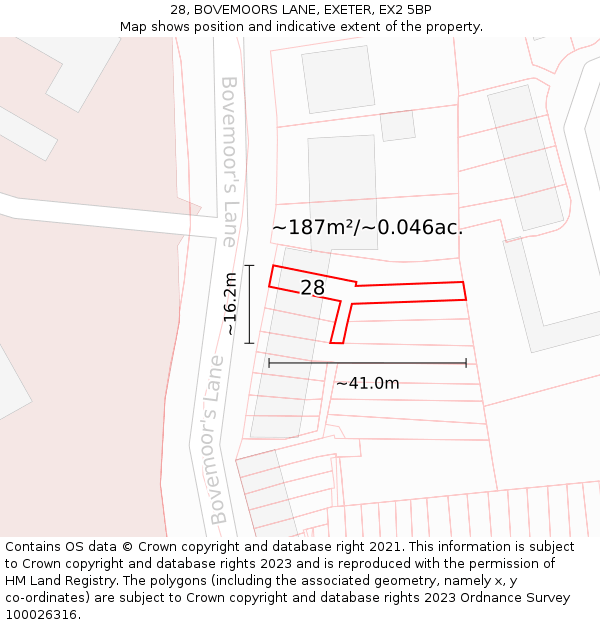28, BOVEMOORS LANE, EXETER, EX2 5BP: Plot and title map