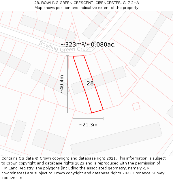 28, BOWLING GREEN CRESCENT, CIRENCESTER, GL7 2HA: Plot and title map