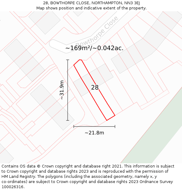 28, BOWTHORPE CLOSE, NORTHAMPTON, NN3 3EJ: Plot and title map