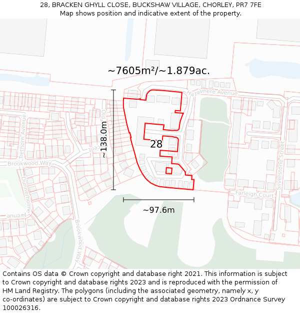 28, BRACKEN GHYLL CLOSE, BUCKSHAW VILLAGE, CHORLEY, PR7 7FE: Plot and title map