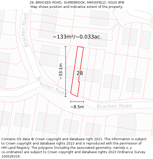 28, BRACKEN ROAD, SHIREBROOK, MANSFIELD, NG20 8FB: Plot and title map