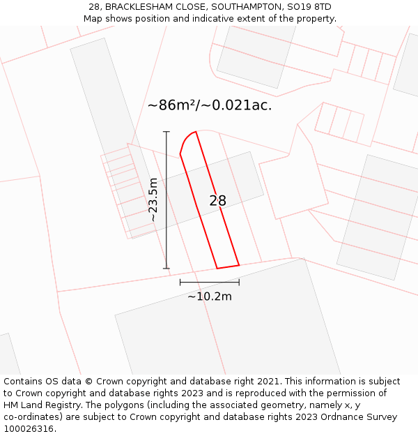 28, BRACKLESHAM CLOSE, SOUTHAMPTON, SO19 8TD: Plot and title map
