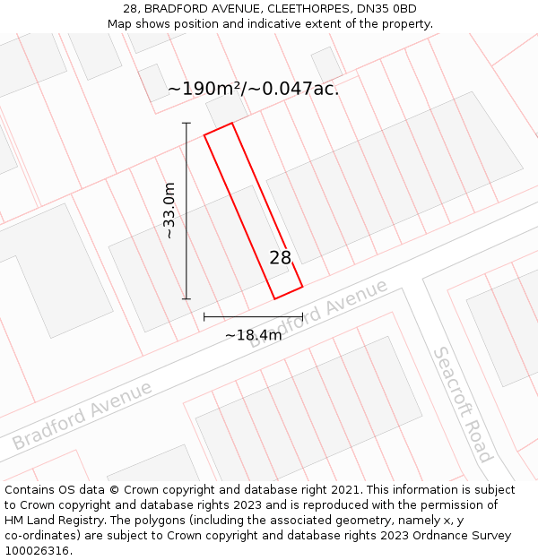 28, BRADFORD AVENUE, CLEETHORPES, DN35 0BD: Plot and title map