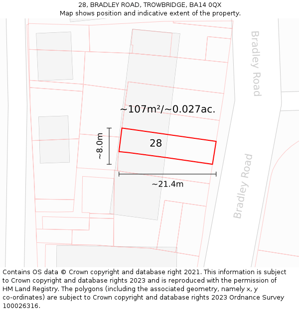 28, BRADLEY ROAD, TROWBRIDGE, BA14 0QX: Plot and title map