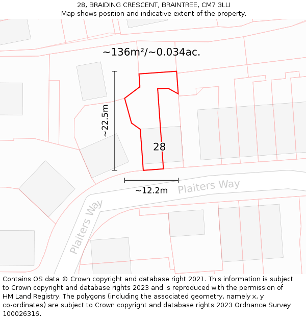 28, BRAIDING CRESCENT, BRAINTREE, CM7 3LU: Plot and title map
