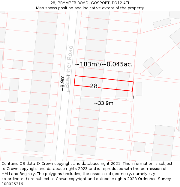 28, BRAMBER ROAD, GOSPORT, PO12 4EL: Plot and title map