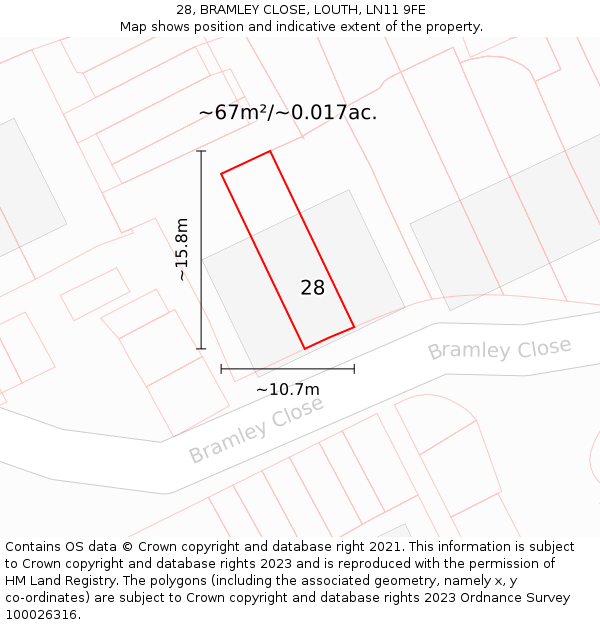 28, BRAMLEY CLOSE, LOUTH, LN11 9FE: Plot and title map