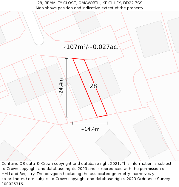 28, BRAMLEY CLOSE, OAKWORTH, KEIGHLEY, BD22 7SS: Plot and title map