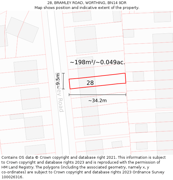 28, BRAMLEY ROAD, WORTHING, BN14 9DR: Plot and title map