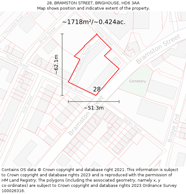 28, BRAMSTON STREET, BRIGHOUSE, HD6 3AA: Plot and title map