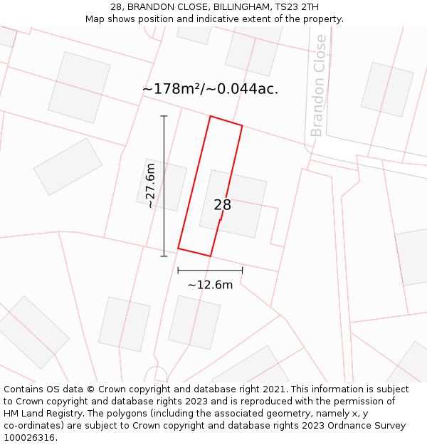 28, BRANDON CLOSE, BILLINGHAM, TS23 2TH: Plot and title map