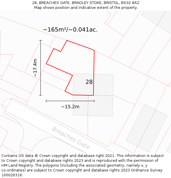 28, BREACHES GATE, BRADLEY STOKE, BRISTOL, BS32 8AZ: Plot and title map
