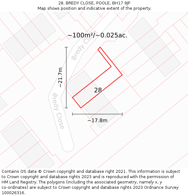28, BREDY CLOSE, POOLE, BH17 9JP: Plot and title map