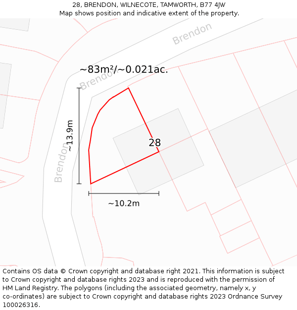 28, BRENDON, WILNECOTE, TAMWORTH, B77 4JW: Plot and title map