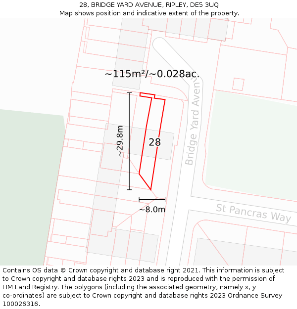 28, BRIDGE YARD AVENUE, RIPLEY, DE5 3UQ: Plot and title map