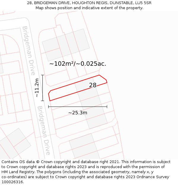 28, BRIDGEMAN DRIVE, HOUGHTON REGIS, DUNSTABLE, LU5 5SR: Plot and title map